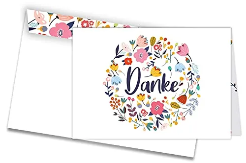 Friendly Fox Dankeskarten Blumen, 12 Dankeschön Karten mit Blumen Motiv, Klappkarte blanko mit Umschlag, DIN A6 Karten Danke sagen