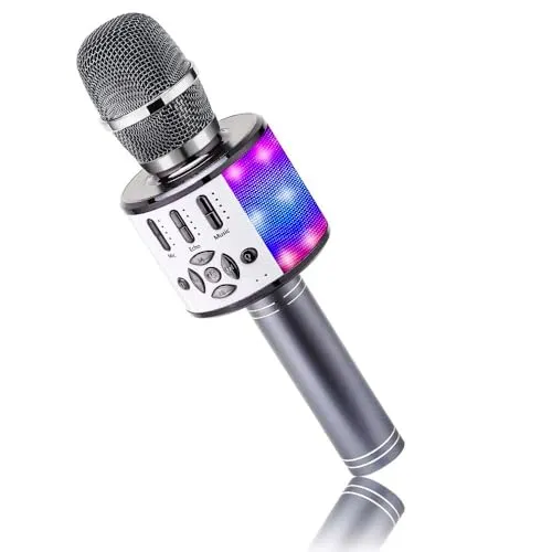 BONAOK Bluetooth-Mikrofon, kabellos, Mikrofon für Kinder mit LED-Lichtern, Mini-Karaoke-Maschine für Party/Haus/Geburtstag, kompatibel mit Bluetooth iOS Android (Space Grau)