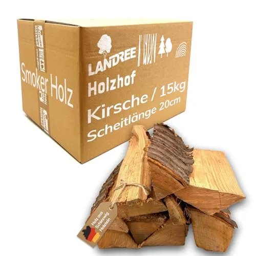 Landree Kirsche Smoker-Holz 15 kg - 20 cm Scheitlänge - Süßlich-fruchtiges Räucherholz, naturbelassen für Exquisite BBQ-Aromen, Qualität aus Schleswig Holstein