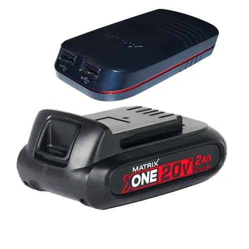 MATRIX Akku-Set 20V - Tragbare Stromversorgung mit 20V Lithium-Ion Akku und USB-Adapter. Verwandelt Akku in Powerbank, ideal für X-ONE und Kawasaki Power 20, zwei USB-Anschlüsse für gleichzeitiges Laden.