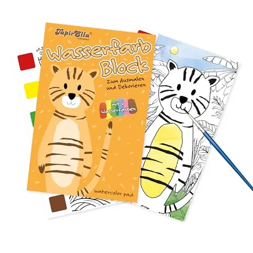 Lutz Mauder Malbuch mit Wasserfarben für Kleinkinder und Kinder im Alter von 1-3 und 2-4, Aquarell-Malpapier, magisches Buch TapirElla Tiger mit Pinsel
