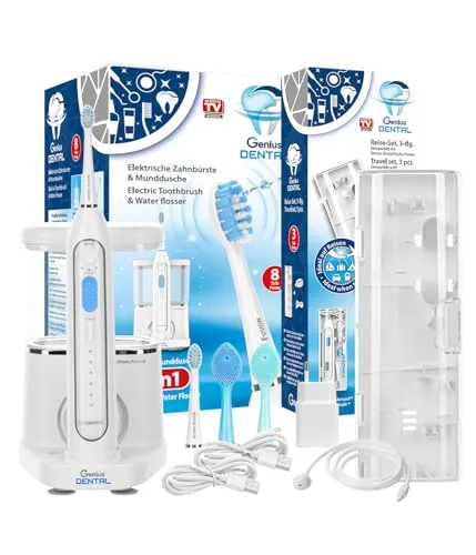 Genius Dental Hydro Fusion 2 in 1 Elektrische Zahnbürste - Elektrische Zahnbürste mit 3 Modi und 5 Wasserdruckstufen, inklusive Mundspülung und Reiseetui für optimale Zahnpflege, bis zu 15000 Bewegungen pro Minute.