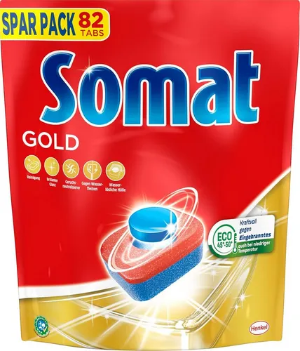 Somat Spülmaschinentabs Gold, Spar Pack - 82 Tabs für strahlendes Geschirr - Geschirrspülmittel mit Extra Kraft gegen Eingebranntes, ideal für Kurzprogramme und wirksam bei niedrigen Temperaturen. Perfekte Reinigung für sauberes und glänzendes Geschirr.