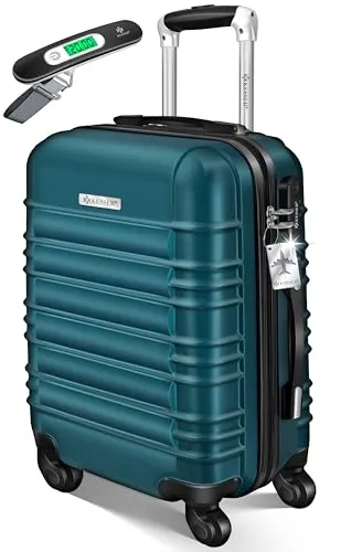 KESSER Hartschalen-Trolley Reisekoffer 55L mit Kofferwaage und Gepäckanhänger - Praktischer Handgepäck Trolley in Petrolgrün, 4-Rollen-System für müheloses Manövrieren. Inklusive Kofferwaage und Gepäckanhänger für stressfreies Reisen.
