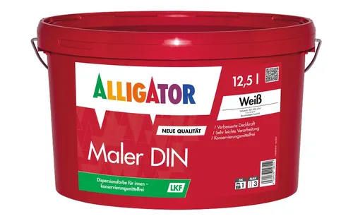 Alligator Maler DIN LEF Innenfarbe Weiß 12,5 Liter - Innenfarbe für Wände und Decken, hohe Deckkraft (Klasse 2) und Nassabriebbeständigkeit (Klasse 3) – ideal für langlebige und schöne Raumgestaltungen.