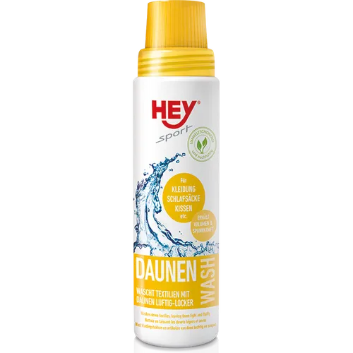 Hey Sport Daunen Wash 250ml - Effektives Waschmittel für Daunenbekleidung und -zubehör. Reinigt fasertief und erhält die Flauschigkeit der Daunen. Phosphatfrei und ohne Bleichmittel, ideal für Hand- und Maschinenwäsche.