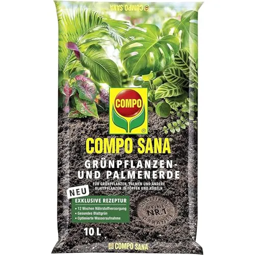Compo SANA Blumenerde für Grünpflanzen und Palmen, 10 Liter - Gebrauchsfertige Blumenerde mit Startdüngung für bis zu 12 Wochen. Ideal für Zimmerpflanzen und Balkongrün, sorgt für kräftiges Wurzelwachstum und gesunde Blätter.