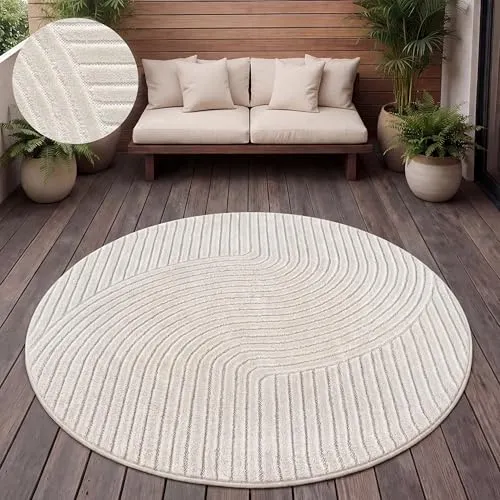 Paco Home Teppich In- & Outdoor, 160 cm Rund, Creme - Robuster und wetterfester Teppich mit modernen Boho Designs, ideal für Terrasse, Wohnzimmer und Küche, schafft eine gemütliche Wohlfühl-Oase.