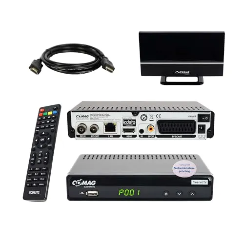 Comag SL65T2 DVB-T2 Receiver Bundle mit Antenne - TV-Receiver mit 1080p Full HD, Dolby Digital Plus, PVR Ready und 12V-Netzteil. Ideal für Camping und mobiles Fernsehen!