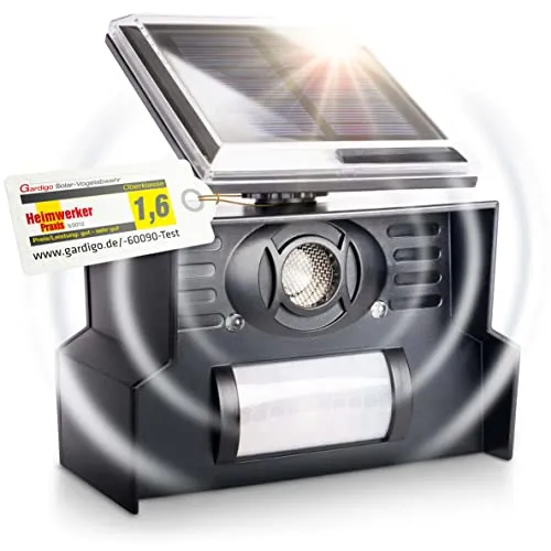 GARDIGO Vogelabwehr Ultraschall Solar - Elektronische Vogelscheuche mit 7m Reichweite, effektive Taubenabwehr durch variable Frequenz und Blitzlicht