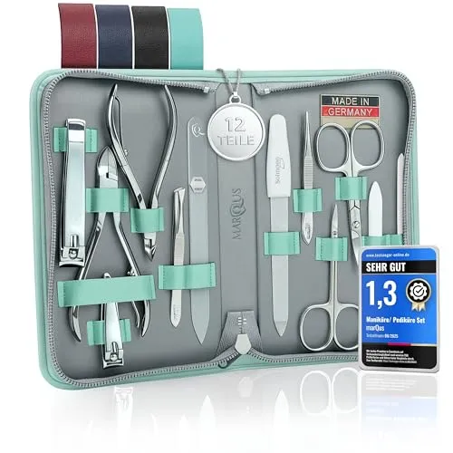 marQus Solingen Maniküre Pediküre Set - 12-teilig im Echt Leder Etui - Maniküre- & Pediküre-Set mit hochwertigem 12-teiligem Inhalt, ideal für die perfekte Hand- und Fußpflege. Scharfe Instrumente und edle Glasfeile für gesunde, schöne Nägel.