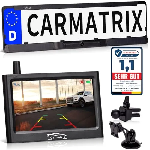 CARMATRIX Funk Solar Rückfahrkamera - kabellos mit 4,3 Zoll Monitor, nachrüstbar ohne Bohren und mit langer Betriebszeit durch Solarenergie