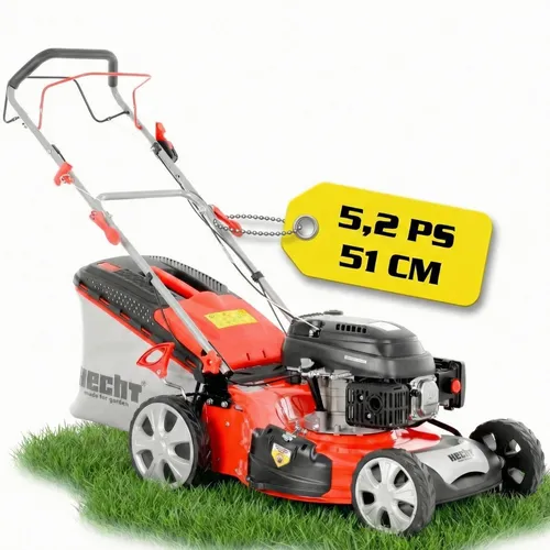 Hecht 551 SX Benzin Rasenmäher mit Antrieb 51 cm - Selbstfahrender Rasenmäher mit 5in1 Funktion, ideal für Flächen bis 1500 m². Robustes Stahlgehäuse und leistungsstarker 5,2 PS Motor garantieren effizientes Mähen.