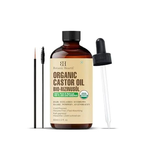 Botanic Hearth Rizinusöl - 100% rein & bio, kaltgepresst, hexanfrei, für Haar-, Wimpern- & Augenbrauenwachstum, inkl. Bürste - 60 ml