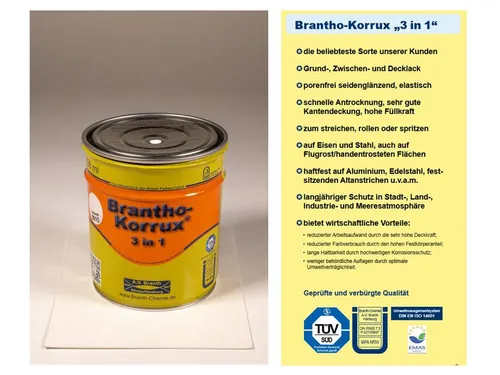 Brantho Korrux 3 in 1 weiß RAL 9010 750ml - Metallschutzlack in seidenglänzendem Weiß, ideal für Innen- und Außenanwendungen, bietet effektiven Rostschutz und einfache Verarbeitung mit Pinsel oder Sprühgerät.