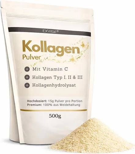 EXVital Kollagen Pulver mit Vitamin C, 500g - Hochwertiges Kollagen Pulver mit Vitamin C, geschmacksneutral und perfekt löslich. Ideal zum Mischen in Getränken für eine einfache Anwendung. 100% natürliche Zutaten, ohne Zusätze.