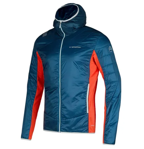 La Sportiva Aequilibrium Insulation Hoody – Isolationsjacke für Herren in Dunkelblau/Rot, Größe XL - Leichte und atmungsaktive Jacke für dynamische Hochgebirgsaufstiege, kombiniert Primaloft-Faser mit innovativer Technologie für optimalen Tragekomfort und Wärme. Mit verstellbarer Kapuze und praktischen Taschen.