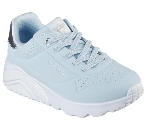 Skechers Kinder-Mädchen-Sneaker UNO LITE Hell-Blau-Silber-Weiß - Sneaker für Mädchen, gepolsterter Komfort mit Skechers Air-Cooled Memory Foam und stylischem Metallic-Obermaterial für optimalen Tragekomfort und coolen Look.