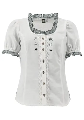 OS Trachten Damen Bluse Kurzarm Fluspi in Weiß-Dunkelgrün - Elegante Trachtenbluse mit taillierter Passform und Rundhalsausschnitt. Ideal für festliche Anlässe, sorgt für einen stilvollen Auftritt mit liebevollen Hirsch-Stickereien.