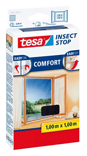 tesa Insect Stop Comfort Fliegengitter für Fenster - Selbstklebender Insektenschutz ohne Bohren - Fliegengitter zur einfachen Befestigung ohne Bohren, ideal für Fenster bis 100 x 100 cm. Hygienisch, wiederverwendbar und UV-beständig – perfekt für frische Luft ohne Insekten!