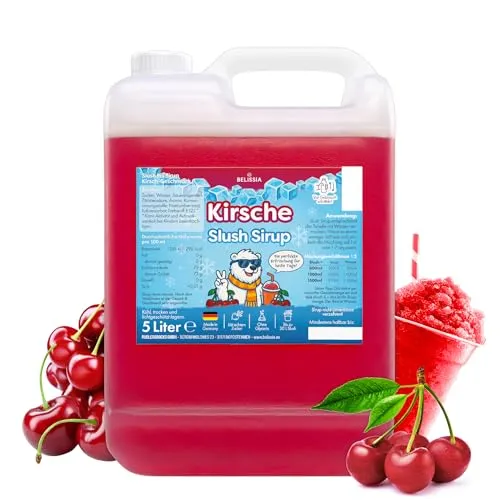 Belissia Slush Eis Sirup 5L Konzentrat | Kirsch Geschmack | sehr ergiebig in knalligen Farben (1:5) für bis zu 30 Liter | Glycerin frei – für Slush-Eis - Maschinen & Wassereis