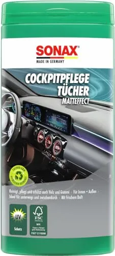 SONAX CockpitPflegeTücher Matteffect Box (25 Stück) - Praktische feuchte Tücher für die Reinigung und Pflege von Kunststoffteilen, Holz und Gummi. Sie erhalten den matten Look der Oberflächen. Ideal für den Einsatz im Auto und unterwegs.