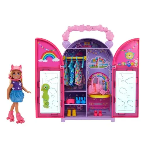 Barbie Chelsea Puppe und Kleiderschrank-Spielset - Puppensets mit 17-teiligem Set für kreatives Ankleiden, faltbar für unterwegs und mit 4 kombinierten Looks für stundenlangen Spielspaß!
