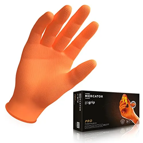 Guanti in nitrile arancioni GoGrip, taglia: M - 50 pezzi, Guanti protettivi monouso, privi di rivestimento in polvere, senza lattice, guanti nitrile con uno spessore 3 volte superiore