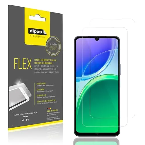 dipos FLEX 2x Schutzfolie klar passend für Vivo Y21 5G, 100% Displayabdeckung, Anti-Shock, Fingerprint Kompatibel, Case-Friendly, Full Cover Displayschutz Folie