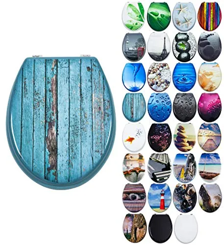 Grafner MDF WC Sitz Blue Planks - Absenkautomatik für leises Schließen, hygienisch und einfach zu montieren