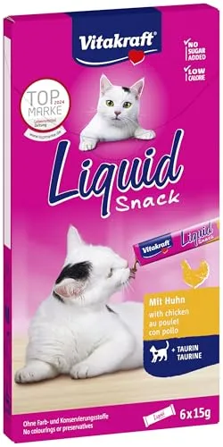 Vitakraft Liquid Snack, cremige Katzenleckerlis mit Huhn und Taurin, 6x15g - Leckere cremige Snacks für Katzen, einzeln verpackt und kalorienarm. Mit bekömmlichem Huhn und Taurin für eine schmackhafte Belohnung. Ideal für Katzen ab 3 Monaten, ohne künstliche Zusätze.