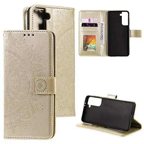 CoverKingz Handy Case kompatibel mit Samsung Galaxy S21 5G - Handy Cover mit Kartenfach Phonecase - Smartphone Hülle klappbar Motiv Mandala Gold