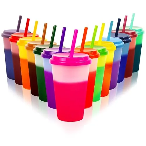 Patinao 14 Stück Becher Tasse Trinkbecher mit Strohhalm & Deckel - 350ml Farbwechselbecher Mehrweg Plastikbecher Tasse Cup Travel Mug Tumbler Eiskaffee Kaltes Trinken Smoothie Saft