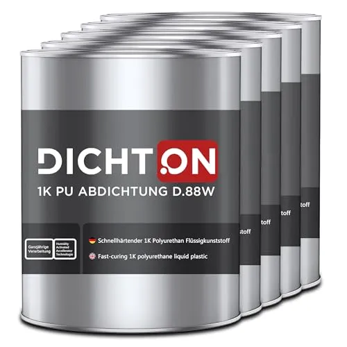 DICHTON 1K PU Abdichtung grau 5x1kg - Polyurethan Flüssigkunststoff - Hochwertige 1K PU Abdichtung für Dach, Balkon und Terrasse. Blasenfrei, schnellhärtend und ganzjährig einsetzbar dank innovativer Technologie. Ideal für verschiedene Untergründe.