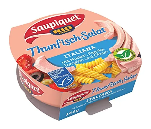 Saupiquet Rio Mare Thunfisch-Salat Italiana, MSC zertifiziert - Fleischkonserven: Fix und fertig, ideal für unterwegs, mit italienischem Geschmack aus Thunfisch, Pasta und Gemüse – perfekt für eine schnelle, ausgewogene Mahlzeit.