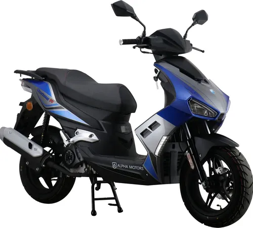 Alpha Motors Mofaroller Mustang FI 50 ccm EURO 5 - Blau-Grau, 25 km/h - Motorroller mit sportlichem Design und moderner Kraftstoffeinspritzung, 13-Zoll Vorderrad für komfortables Fahren und abschließbarem Staufach.