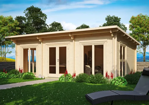 Fjordholz Gartenhaus Modell Jacob 70 I - Massives Pultdach Gartenhaus aus 70mm nordischer Fichte, ideal für jeden Garten. Mit hochwertigen Doppeltüren und bodentiefen Fenstern für viel Licht und Raum. Robust und langlebig, perfekt für vielfältige Nutzung.