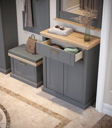 Schuhschrank HOME AFFAIRE "Tara" grau - Schuhschrank in graphit matt mit Pacific Walnut Akzenten, 1 Tür, 2 Fächer und Soft-Close-Funktion für eine leise und elegante Nutzung. Ideal für einen stilvollen Eingangsbereich.