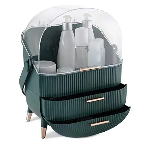 Navaris Make-Up Organizer - Aufbewahrung für Kosmetik - Ordnungssystem mit 2 Schubladen - tragbare Aufbewahrungsbox für Bad oder Schminktisch - Grün