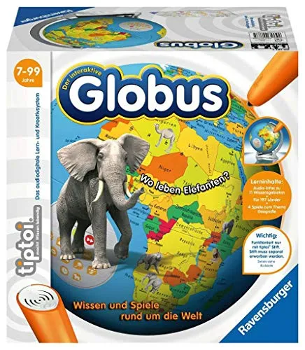 tiptoi® - Interaktiver Globus - Lerncomputer für 7-99 Jahre, entdecke 197 Länder der Erde und lerne spielerisch über Hauptstädte, Kontinente und Tierlaute mit dem interaktiven Stift.