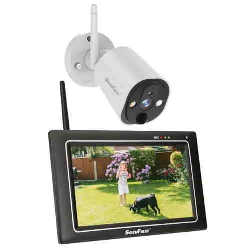 SecuFirst 2K Überwachungskamera Set mit Monitor - Überwachungskamera Set mit 7-Zoll-Touchscreen, ideal für Innen- und Außenbereich. Wetterfest, AI Bewegungsmelder und 64 GB SD-Karte inklusive – keine WLAN-Verbindung erforderlich!