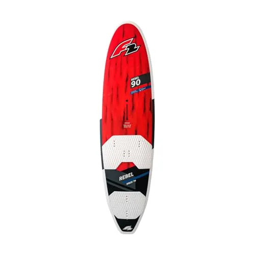 F2 Sale Windsurfboard Rebel 100L Rot/Schwarz 2022/23 - Surfboards mit extrem schnellem Angleiten und innovativem Bamboo Deck für herausragende Dämpfung und Stabilität bei jeder Welle.