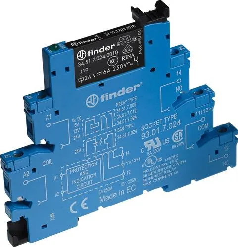 Finder 38.51.7.024.0050 Relaisbaustein 24 V/DC - Koppel-Relais mit 1 Wechsler, einfacher Austausch und sicherer Trennung nach VDE 0160. Ideal für den professionellen Einsatz in elektrischen Schaltungen.