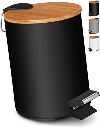 VMbathrooms 3L Kosmetikeimer - Eleganter Tretmülleimer mit Soft Close - Abfallbehälter fürs Bad, edles Design mit Absenkautomatik für leises Schließen und hochwertigem Bambus-Holzdeckel, perfekt für stilvolle Bäder.