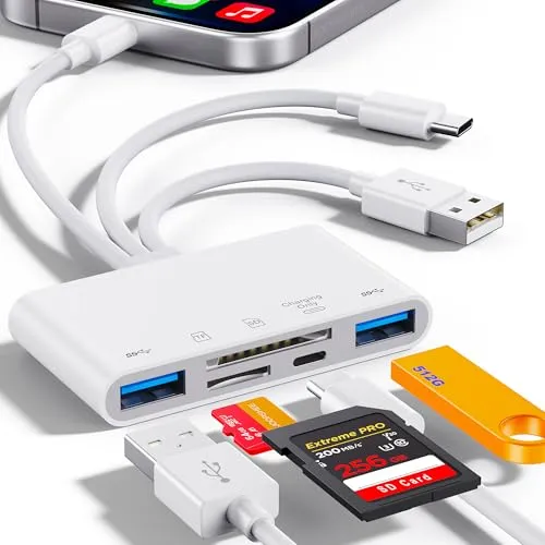 5-in-1 Speicherkartenleser für iPhone, iPad, USB C & USB A - Multifunktionaler Speicherkartenleser mit Ladeanschluss für gleichzeitiges Laden und Datenübertragung. Hohe Kompatibilität mit SD, Micro SD und mehr für schnelle und einfache Dateiverwaltung.