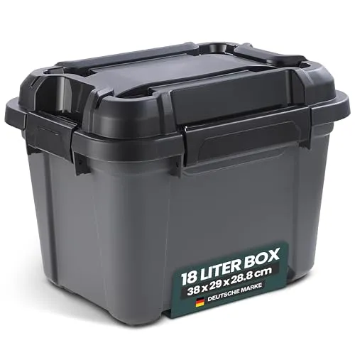 Kreher® Lagerbox Bunker Tough Aufbewahrungsbox mit Deckel und Silikondichtung (IP67/IPX7). Aus robustem Kunststoff in verschiedenen Größen. Ideal für feuchte Räume, Keller, Garage, Camping uvm. (18L)