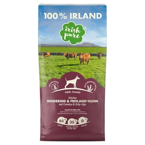 Trockenfutter Irish Pure - Irisches Weiderind & Freiland-Huhn - Hundefutter, 65 % Fleischanteil aus artgerechter Haltung, getreidefrei mit frischem Gemüse und Kelp-Alge für optimale Nährstoffversorgung und Wohlbefinden.