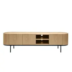 Design-TV-Möbel SKYE aus hellem Holz und Metall mit Stauraum B180 cm - Stilvolles Design-TV-Möbel SKYE kombiniert helles Holz und schwarzes Metall. Mit großzügigem Stauraum und cleveren Kabeldurchführungen ist es die perfekte Lösung für Ihr Wohnzimmer.