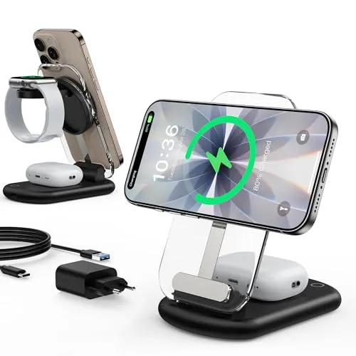 Induktive Ladestation,Mag Safe Ladegerät, 3 in 1 Mag Safe Ladestation Kompatibel mit iPhone 17e 17 16 15 14 13 12 Pro Max/Air/Plus/Pro, 15W Wireless Charger faltbar für Apple Watch10/9,Airpods 3/2/Pro