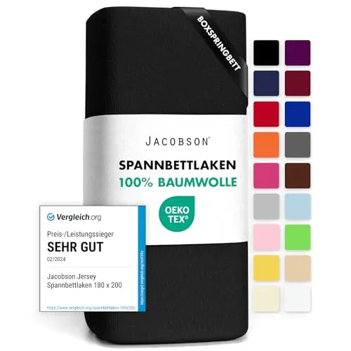 Jacobson Jersey Spannbettlaken Spannbetttuch Baumwolle Bettlaken (XL 120x200-130x220 cm, Schwarz)